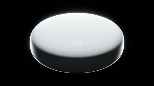 Studio-lit render of a sleek, minimalist round environmental sensor device on a pure black background.